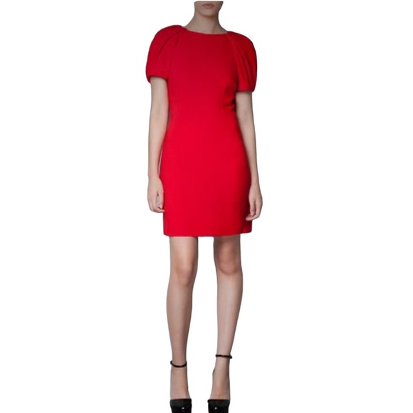 NWT Zara Red Crepe Puff Pleated Sleeve Sheath Mini Dress - L - Picture 2 of 14